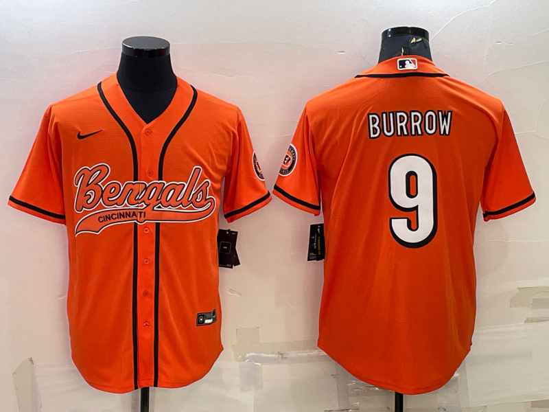 Men's Orange Cincinnati Bengals #9 Joe Burrow With Patch Cool Base Stitched Baseball Jersey